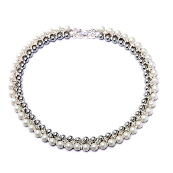 Silvertone Crystal and Pearl Beaded Collar Necklace - Picture 1 of 1